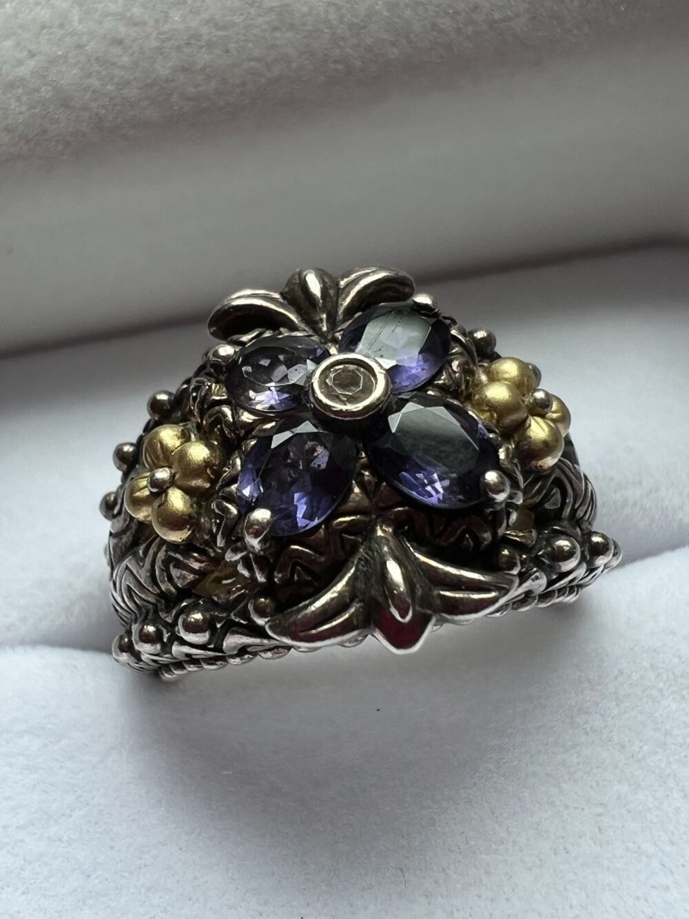 Barbara Bixby 925 Sterling Silver 18K Flower Amethyst Ring - Size 7.75